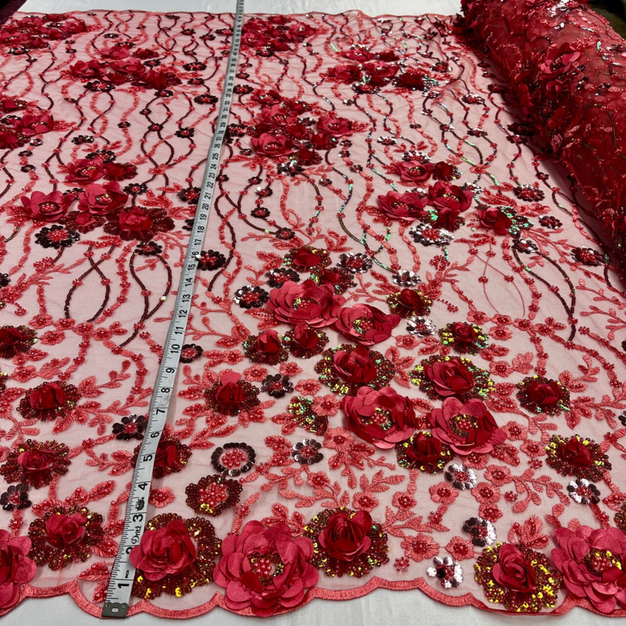 1 Yard Sparkling Beaded and Sequined 3D Floral Lace Fabric Embroidered on 100% Polyester Net Mesh White